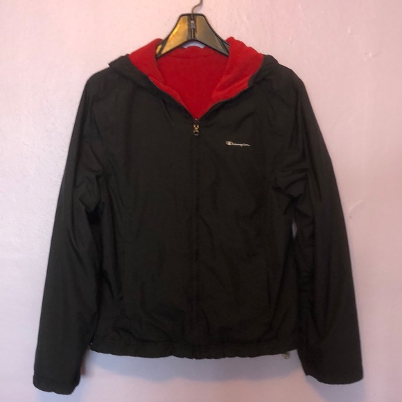 CHAMPION REVERSIBLE BLACK/RED FLEECE & NYLON HOODIE/JACKET • sz M - Picture 3 of 17